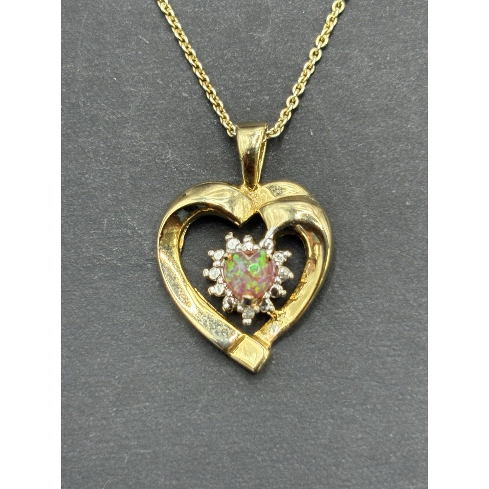 Vintage 18" Gold Sterling Silver Opal Heart Pendant Necklace 925 G6